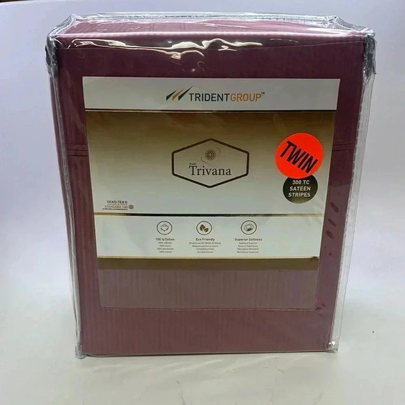 Trident Twin Sheet Set 300 TC Sateen Stripes Dark Pink Twin Size New - Picture 6 of 10